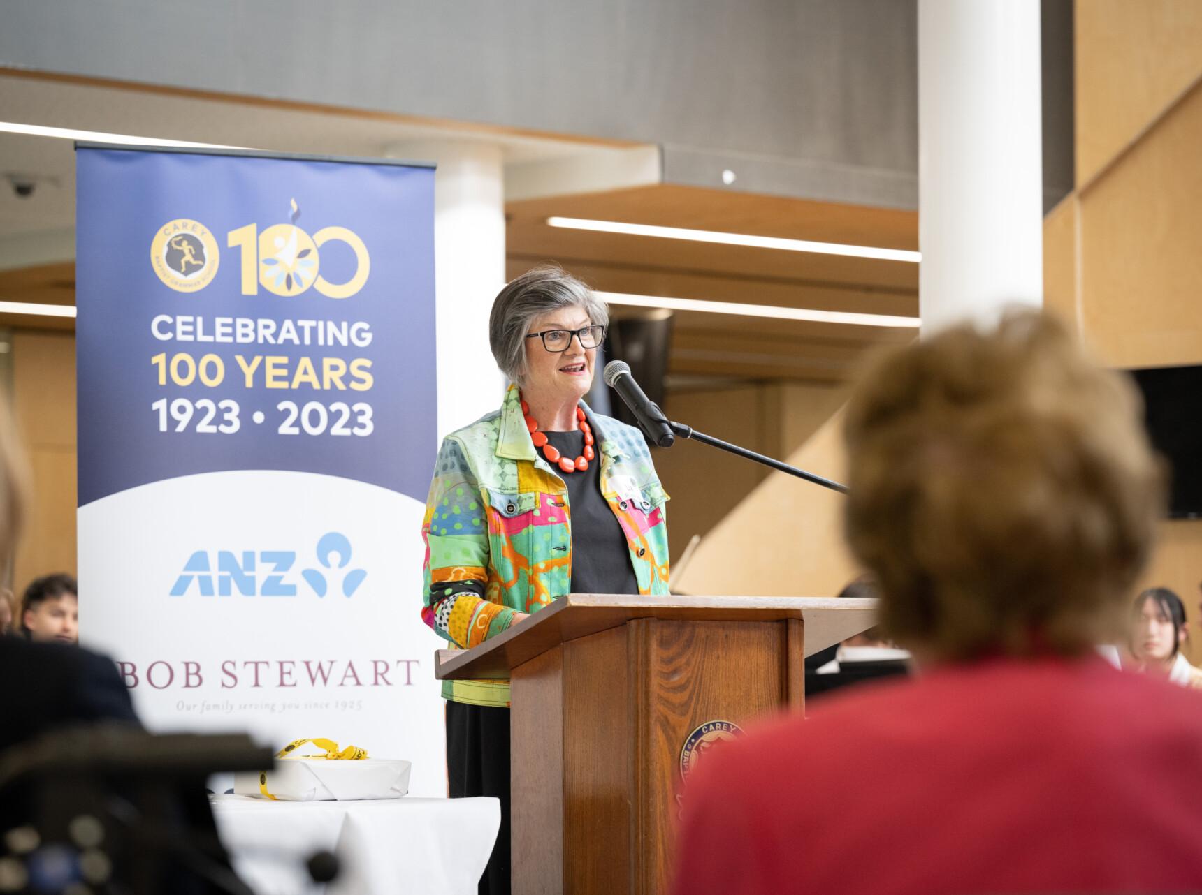 Historian Liz Rushen addresses the audience at the launch of 'Torchbearers'