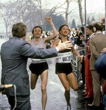 Dick Beardsley and Inge Simondson crossing the line at the London Marathon in 1981