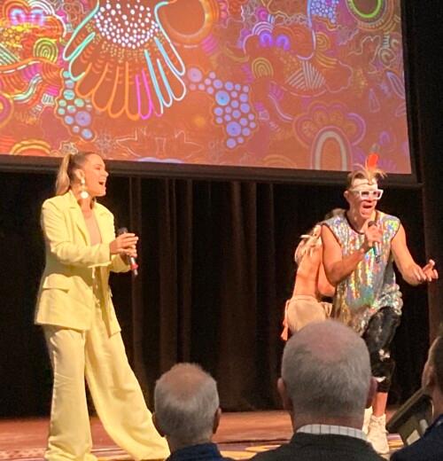 Mitch Tambo and Reigan performing 'Great Southern Land' in Gamilaraay and English.