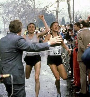 Dick Beardsley and Inge Simondson crossing the line at the London Marathon in 1981