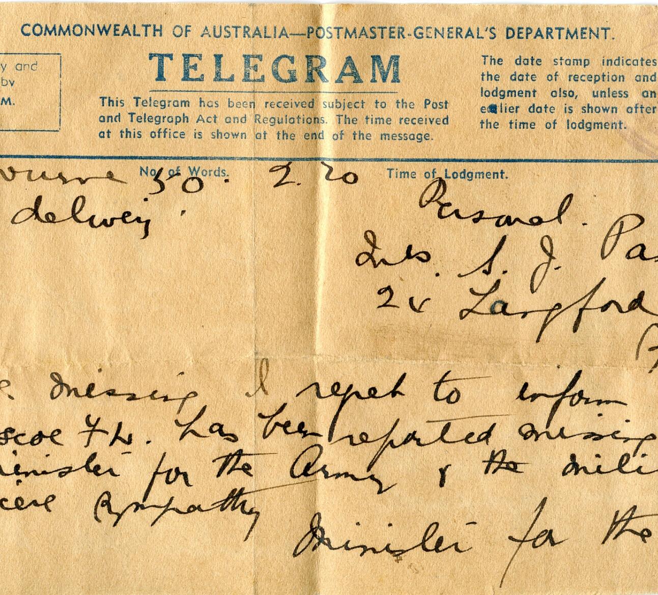 The telegram informing Pascoe's family of his disappearance